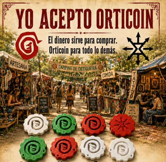 Cartel de Yo acepto Orticoin con monedas de colores